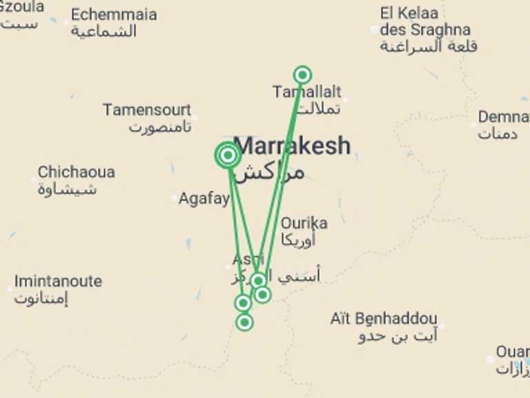Map itinerary of Africa Tour in June 2026 with 4 destination visits for the trip: Mount Toubkal Trek - 8 days