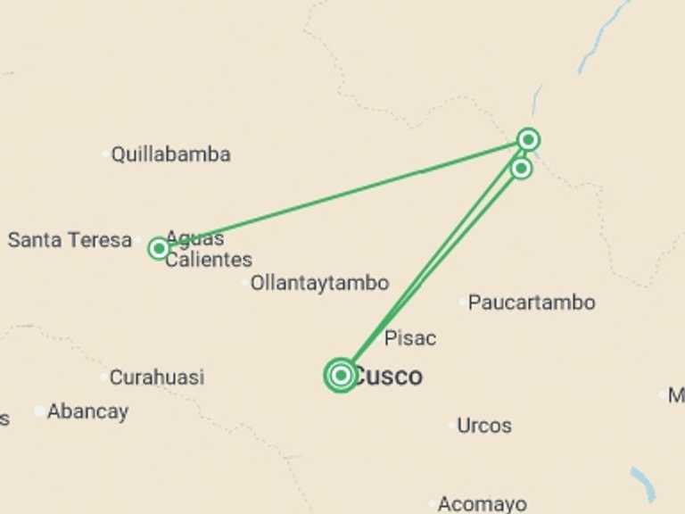 Map of Cusco Adventure Tour with 4 destination visits for the trip: Manu Amazon Adventure 5D/4N