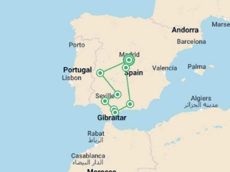 Map itinerary of Spain Tour in February 2026 with 5 destination visits for the trip: Amazing Spain