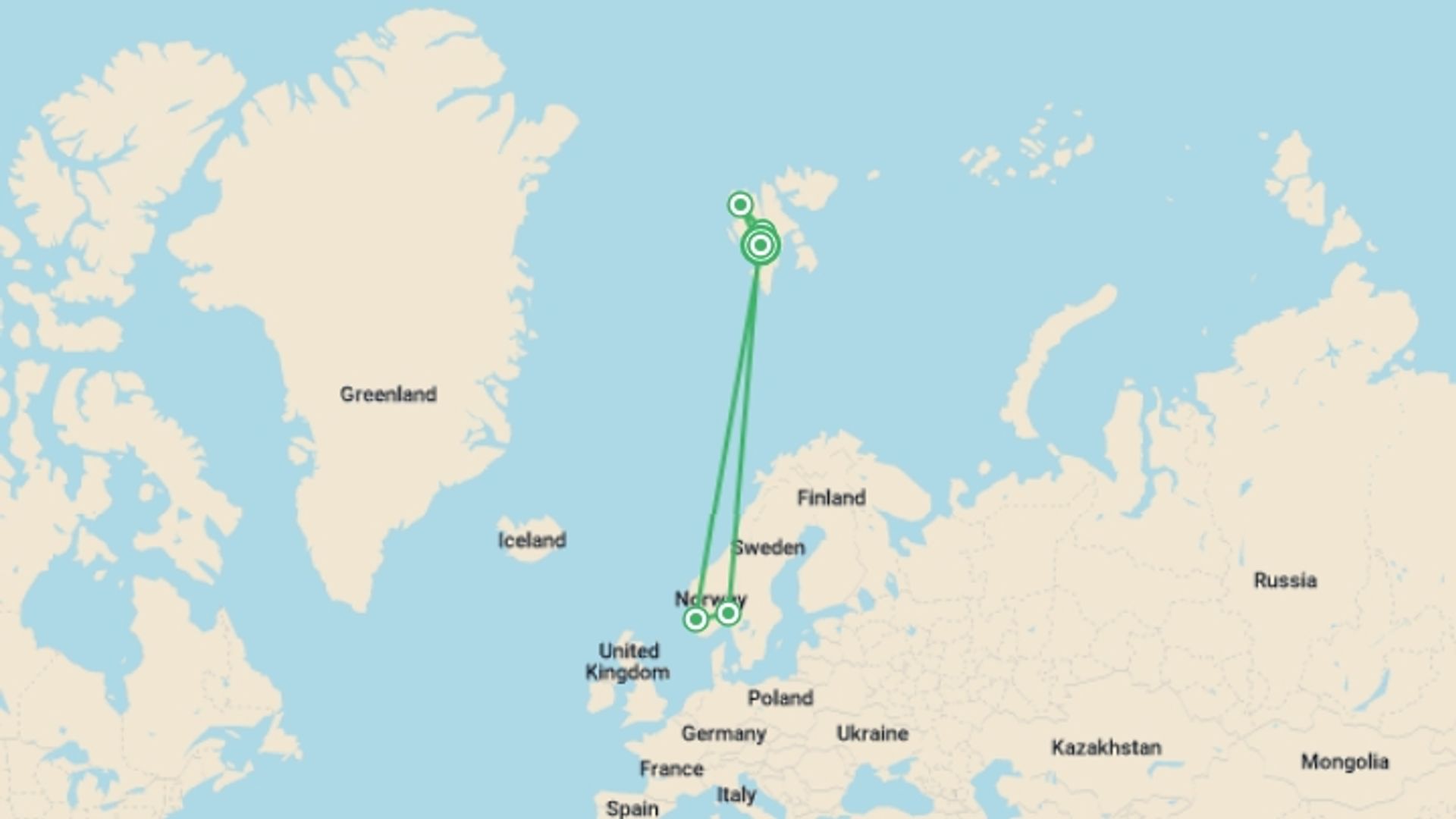 A map showing the tour itinerary for the trip: Wild Wonders of the Arctic - 8 days, starting in Longyearbyen, Norway and ending in Longyearbyen, Norway going through 4 other destinations.