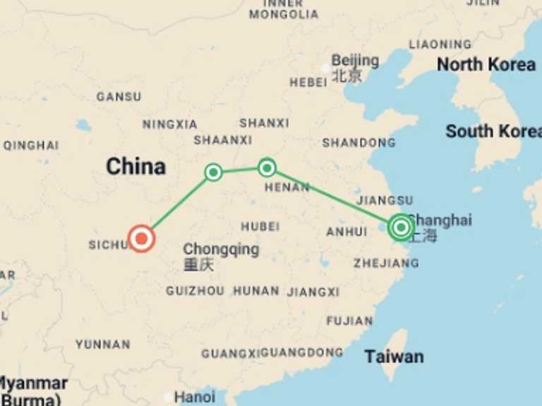 Map of China Tour with 5 destination visits for the trip: Classical China and Chengdu