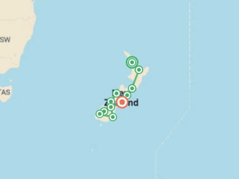 Map of a Wildlife, landscapes and nature Tour with 11 destination visits for the trip: New Zealand Uncovered