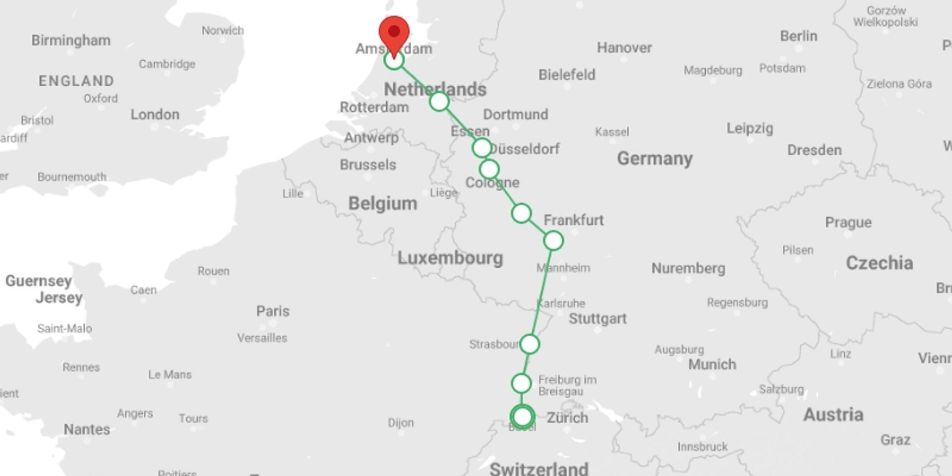 A map showing the tour itinerary for the trip: From Basel to Amsterdam : The Treasures of the Celebrated Rhine River (port-to-port cruise), starting in Basel, Switzerland and ending in Amsterdam, Holland going through 4 other destinations.