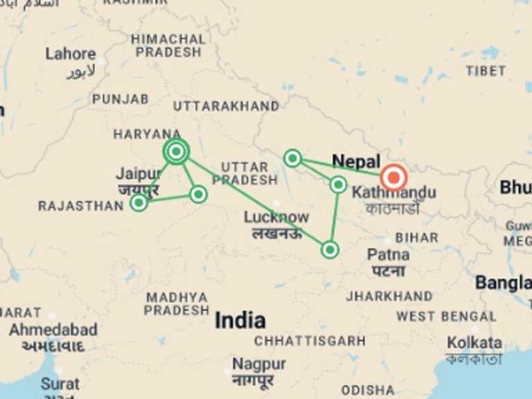Map of a Cultural, religious and historic sites Tour with 8 destination visits for the trip: Delhi to Kathmandu