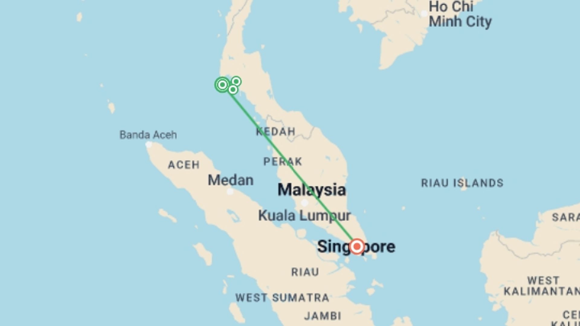 A map showing the tour itinerary for the trip: Islands Of Thailand And Singapore, starting in Phuket, Thailand and ending in Singapore, Singapore going through 2 other destinations.