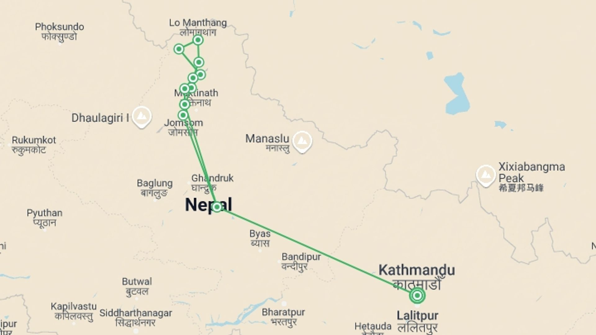 A map showing the tour itinerary for the trip: Upper Mustang Trekking, starting in Kathmandu, Nepal and ending in Kathmandu, Nepal going through 11 other destinations.