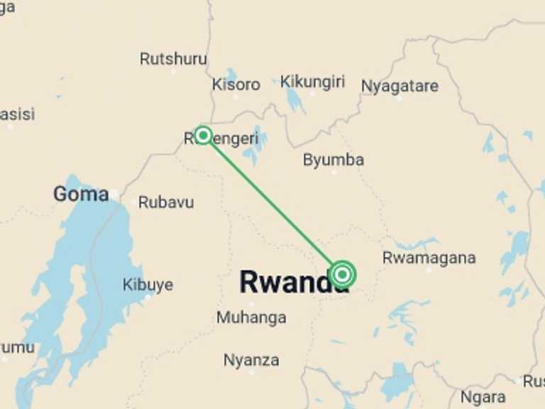 Map of a Gorilla and chimpanzee tracking Tour with 2 destination visits for the trip: 4 Days Rwanda Gorilla trek