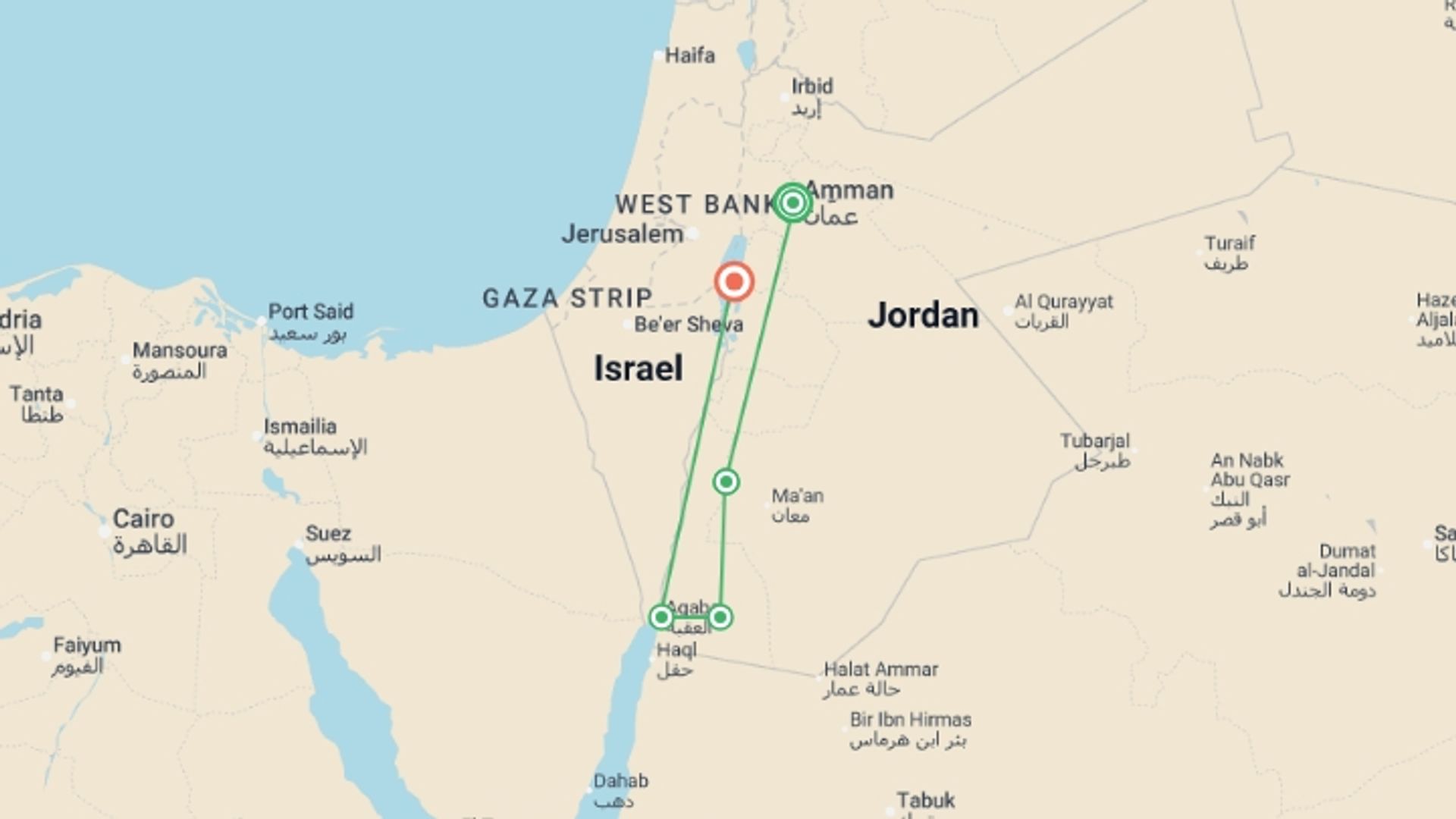 A map showing the tour itinerary for the trip: A Week in Jordan, starting in Amman, Jordan and ending in Dead Sea, Jordan going through 3 other destinations.