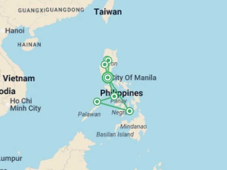 Map of Philippines Tour with 7 destination visits for the trip: Best of the Philippines - 14 days