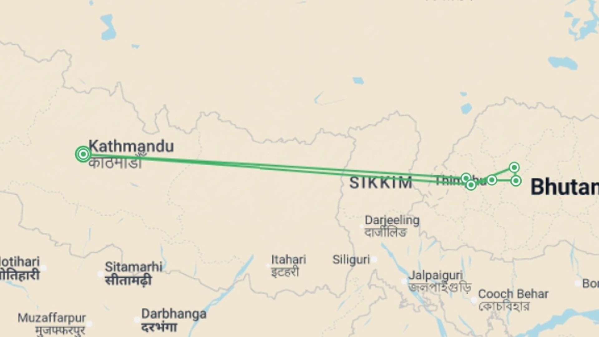 A map showing the tour itinerary for the trip: Festivals of Bhutan – Black Crane, starting in Kathmandu, Nepal and ending in Kathmandu, Nepal going through 5 other destinations.