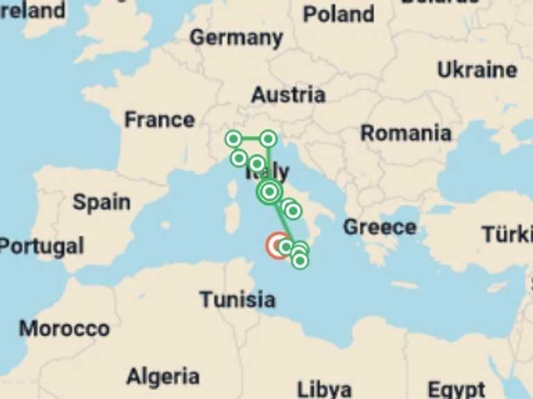 Map itinerary of Europe Tour in August 2026 with 12 destination visits for the trip: Ultimate Italy
