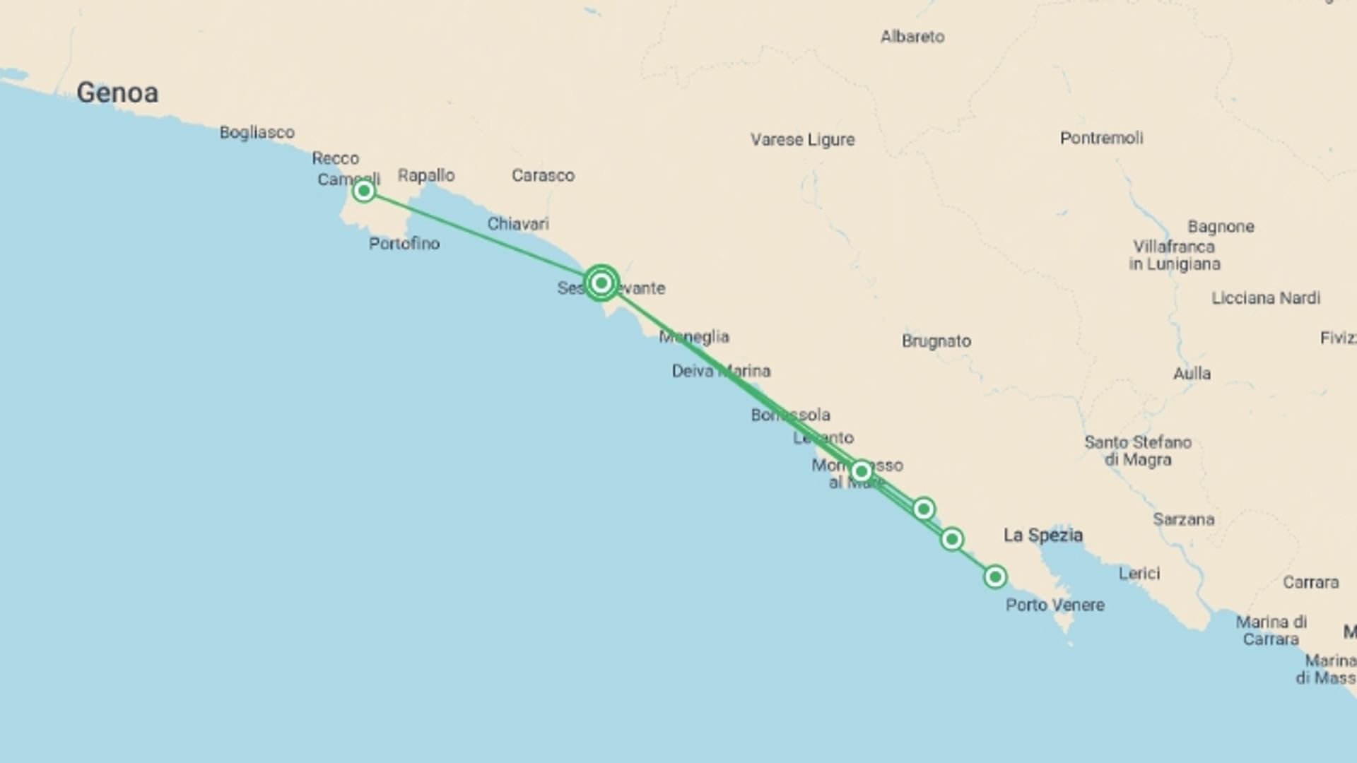 A map showing the tour itinerary for the trip: Walking in the Cinque Terre and Portofino, starting in Sestri Levante, Italy and ending in Sestri Levante, Italy going through 1 other destinations.