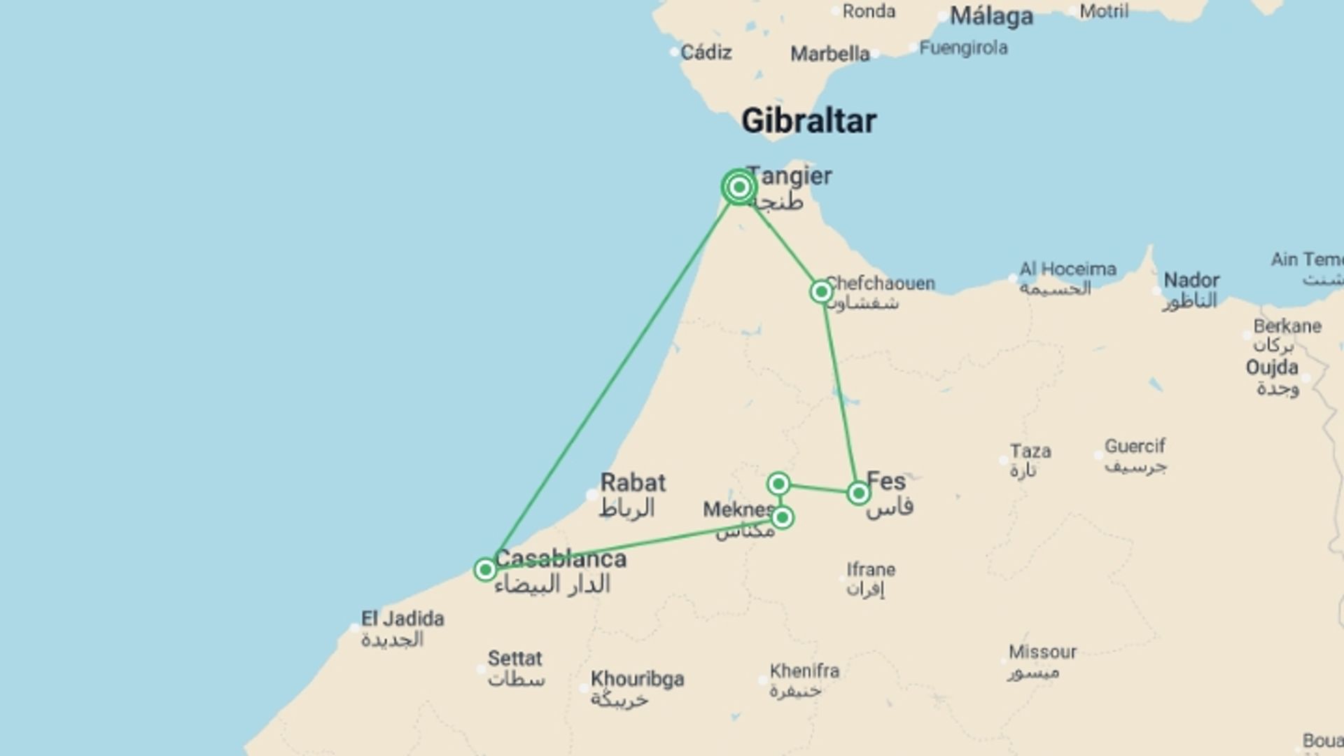 A map showing the tour itinerary for the trip: Northern Morocco Explorer - 7 days, starting in Tangier, Morocco and ending in Tangier, Morocco going through 3 other destinations.