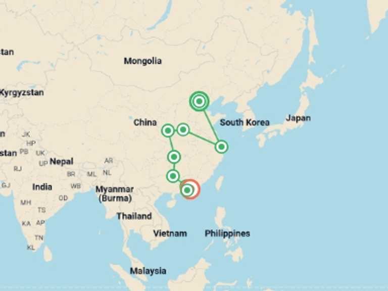 Map of a Explorer Tour with 9 destination visits for the trip: North and South China with the Avatar Trail