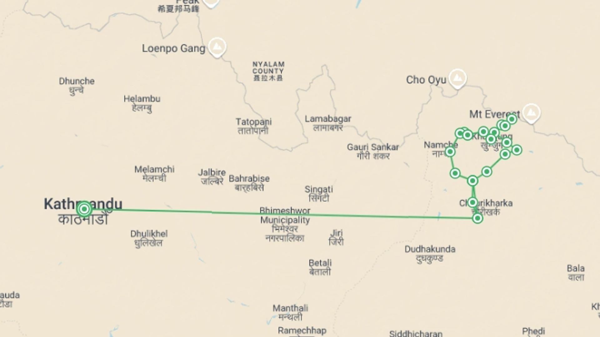 A map showing the tour itinerary for the trip: Everest Base Camp - 3 High Passes Trek, starting in Kathmandu, Nepal and ending in Kathmandu, Nepal going through 13 other destinations.