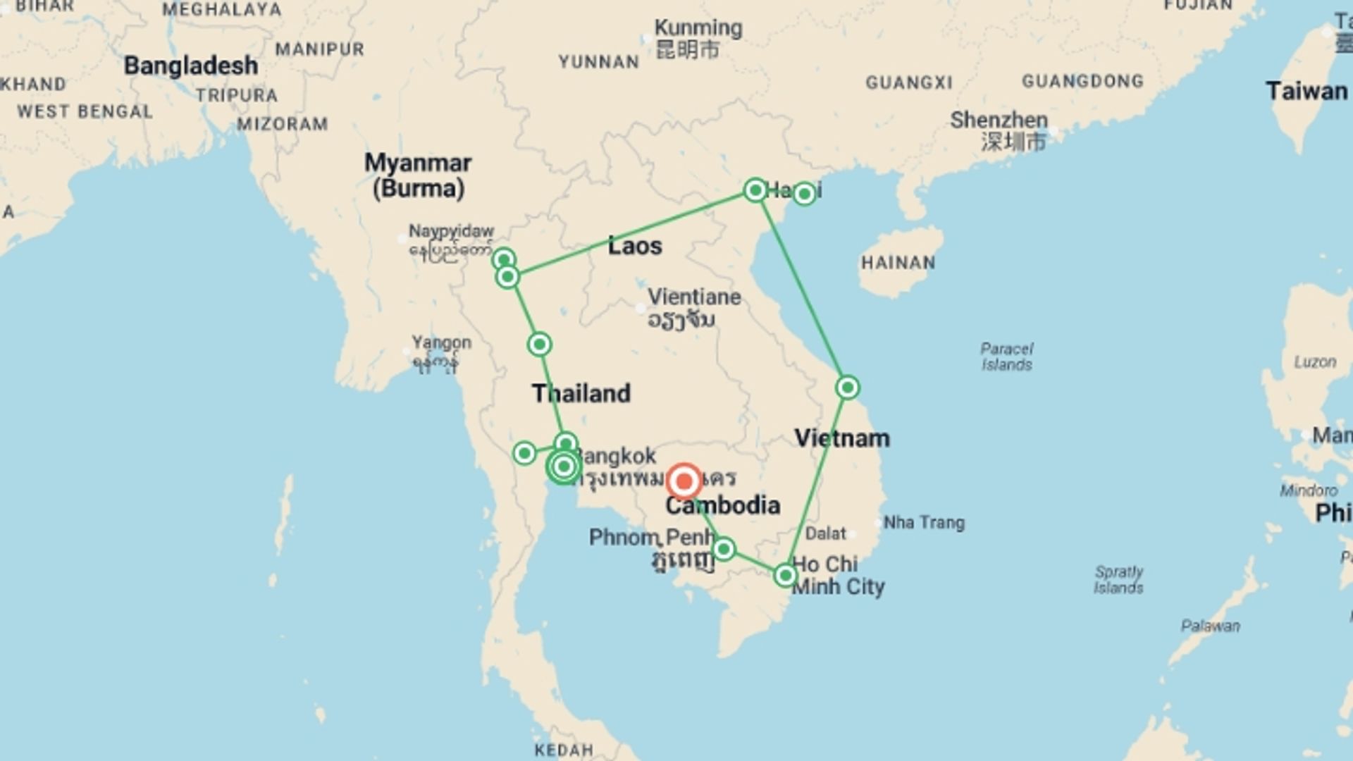 A map showing the tour itinerary for the trip: Premium South East Asia in Depth, starting in Bangkok, Thailand and ending in Siem Reap, Cambodia going through 10 other destinations.