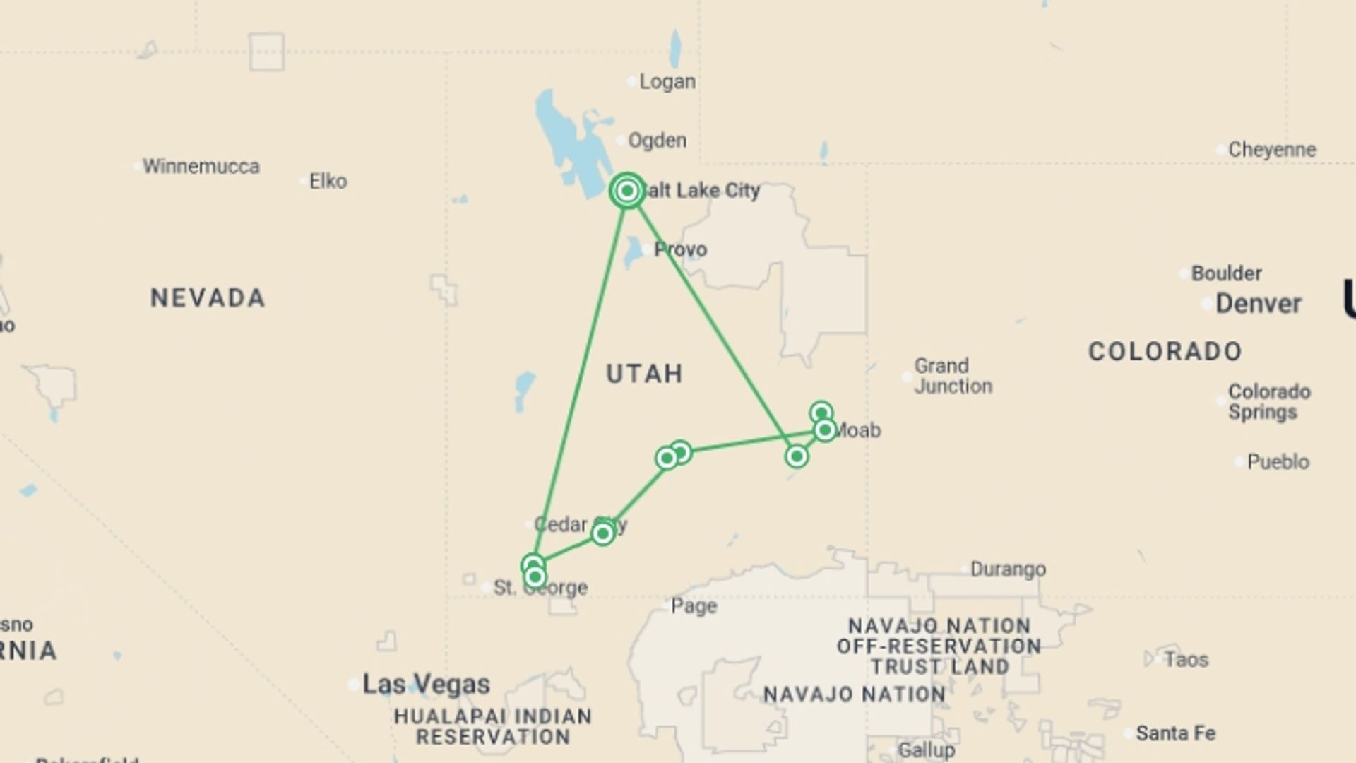 A map showing the tour itinerary for the trip: Utah's Mighty Five From Salt Lake City - 8 days, starting in Salt Lake City, USA and ending in Salt Lake City, USA going through 5 other destinations.