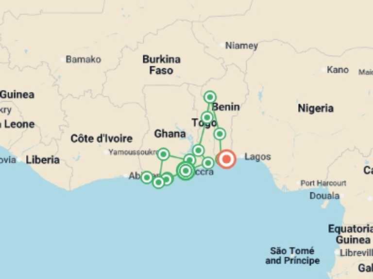 Map of West Africa Tour with 14 destination visits for the trip: West African Adventure: Highlights of Ghana, Togo & Benin