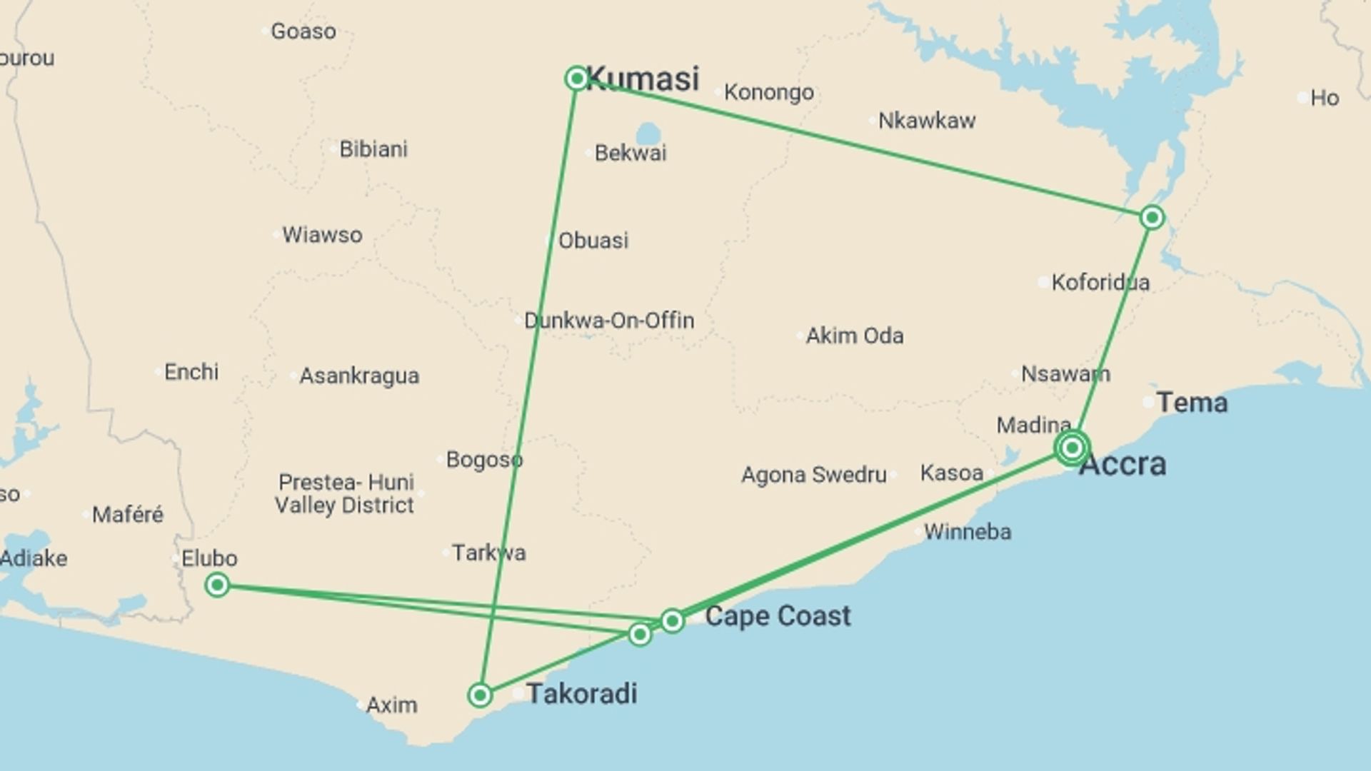 A map showing the tour itinerary for the trip: Complete Ghana: The Beauty of Travelling West Africa, starting in Accra, Ghana and ending in Accra, Ghana going through 6 other destinations.
