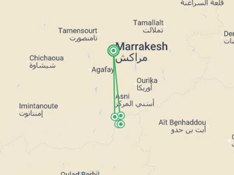 Map itinerary of Africa Tour in May 2026 with 5 destination visits for the trip: Toubkal Climb