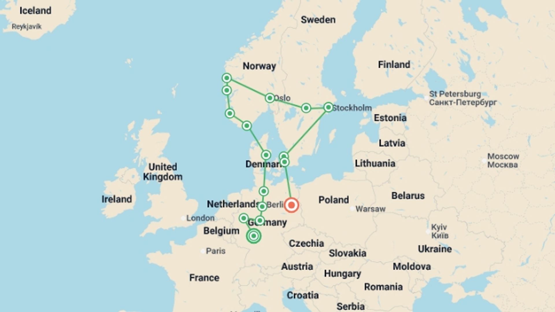 A map showing the tour itinerary for the trip: Beautiful Views End Berlin, starting in Frankfurt, Germany and ending in Berlin, Germany going through 8 other destinations.
