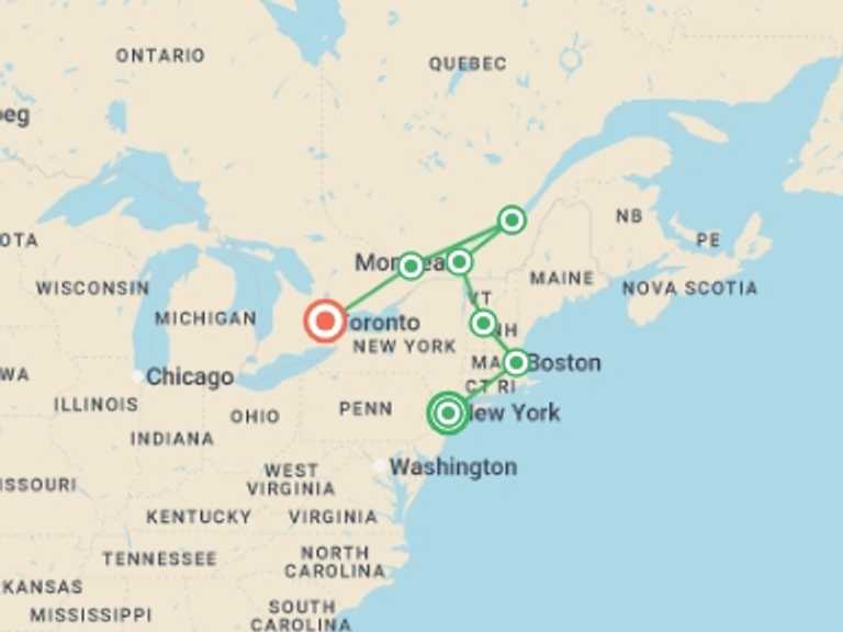 Map of Toronto City sightseeing Tour with 6 destination visits for the trip: East Coast Essential End Toronto