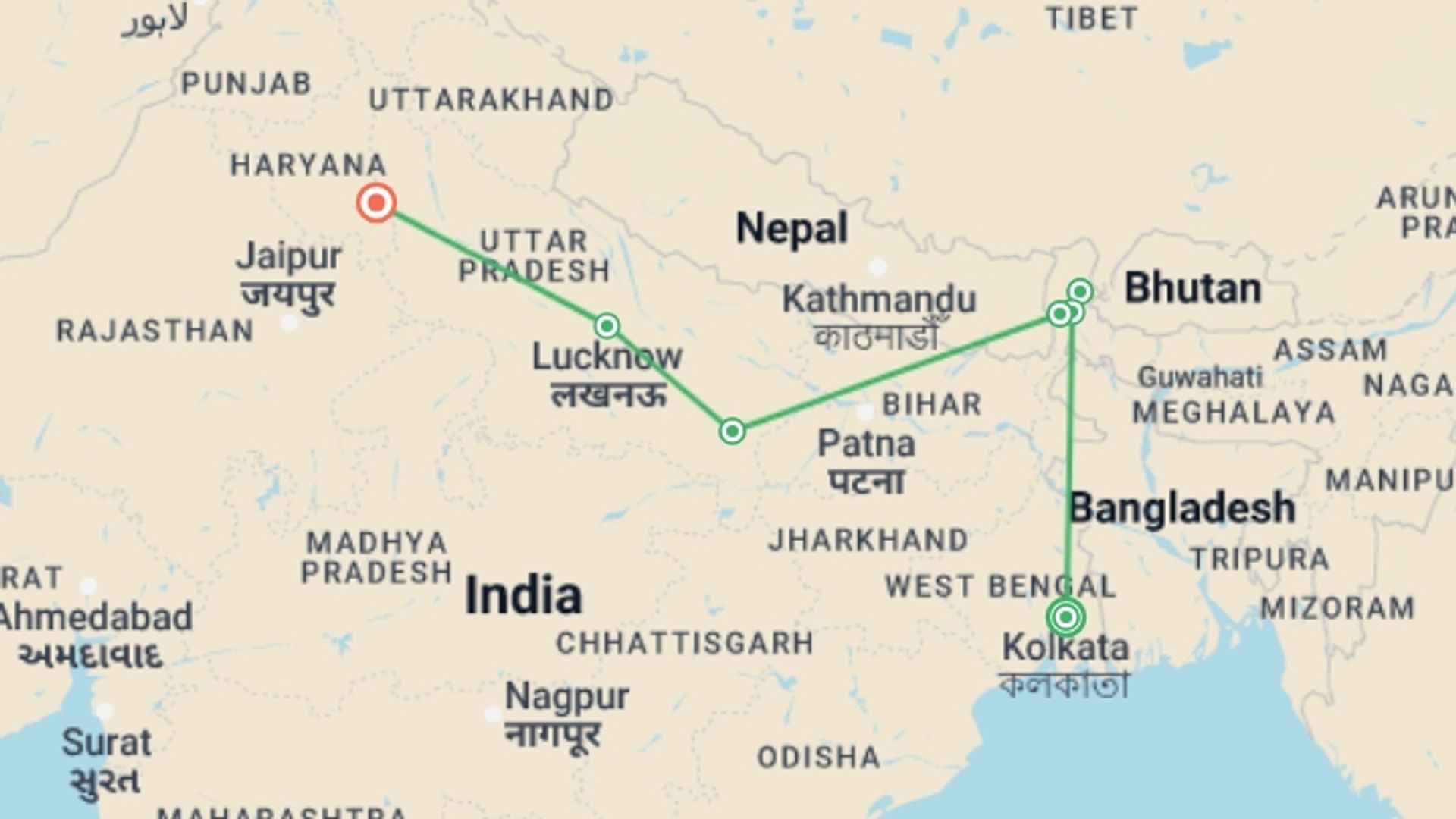 A map showing the tour itinerary for the trip: North & Northeast India , starting in Kolkata, India and ending in New Delhi, India going through 5 other destinations.