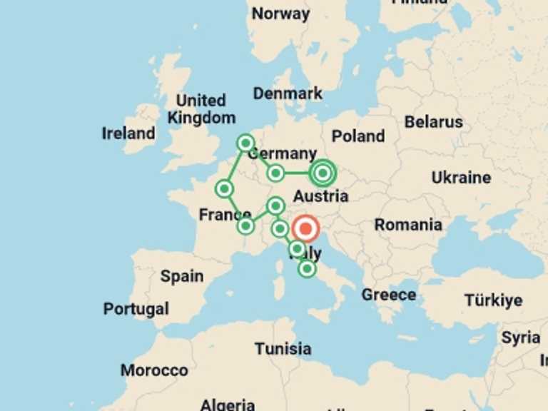 Map itinerary of Mediterranean Tour in July 2026 with 10 destination visits for the trip: Vibrant Europe GO