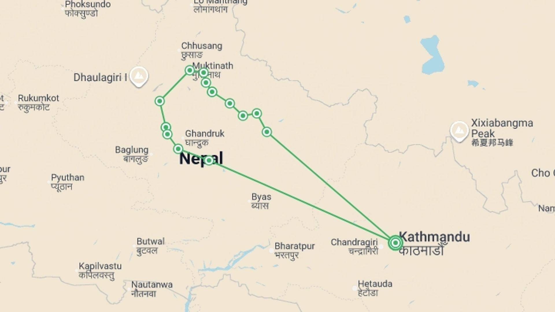 A map showing the tour itinerary for the trip: Annapurna Circuit Trek, starting in Kathmandu, Nepal and ending in Kathmandu, Nepal going through 14 other destinations.