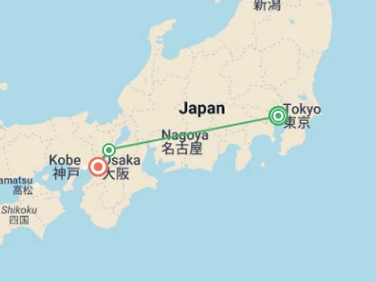 Map itinerary of Osaka Tour in April 2027 with 3 destination visits for the trip: Japan Highlights