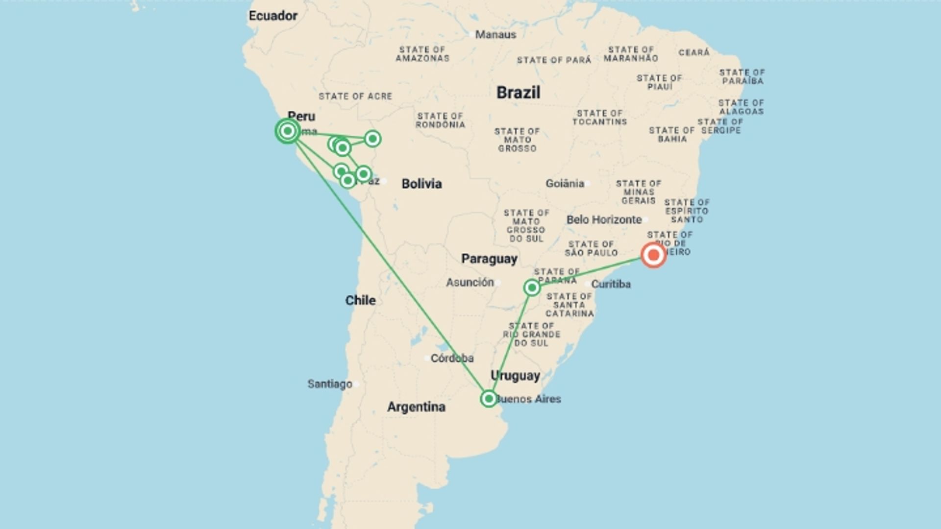 A map showing the tour itinerary for the trip: Ultimate South America, starting in Lima, Peru and ending in Rio de Janeiro, Brazil going through 9 other destinations.