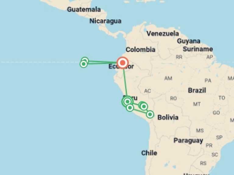 Map itinerary of South America Tour in Winter with 9 destination visits for the trip: Land of the Incas