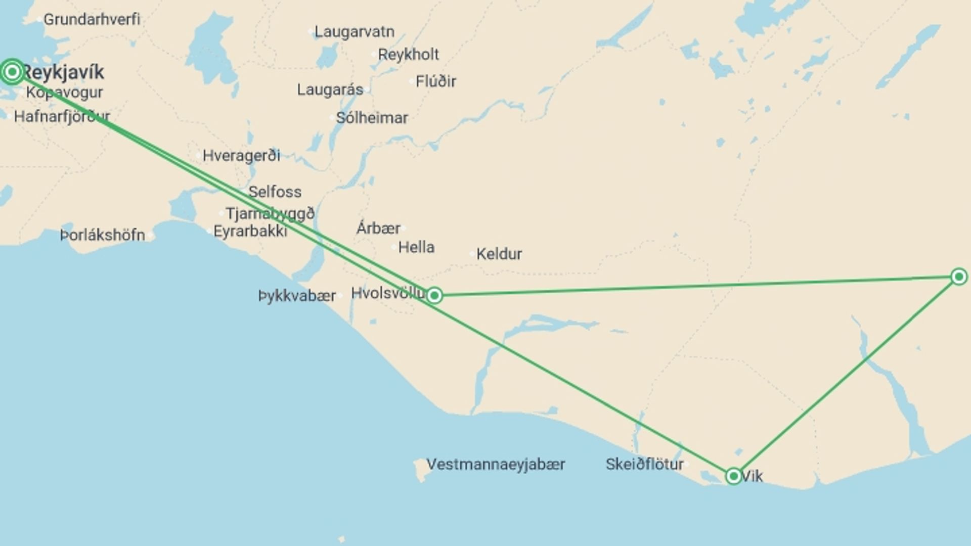 A map showing the tour itinerary for the trip: Iceland Fire and Ice, starting in Reykjavik, Iceland and ending in Reykjavik, Iceland going through 3 other destinations.