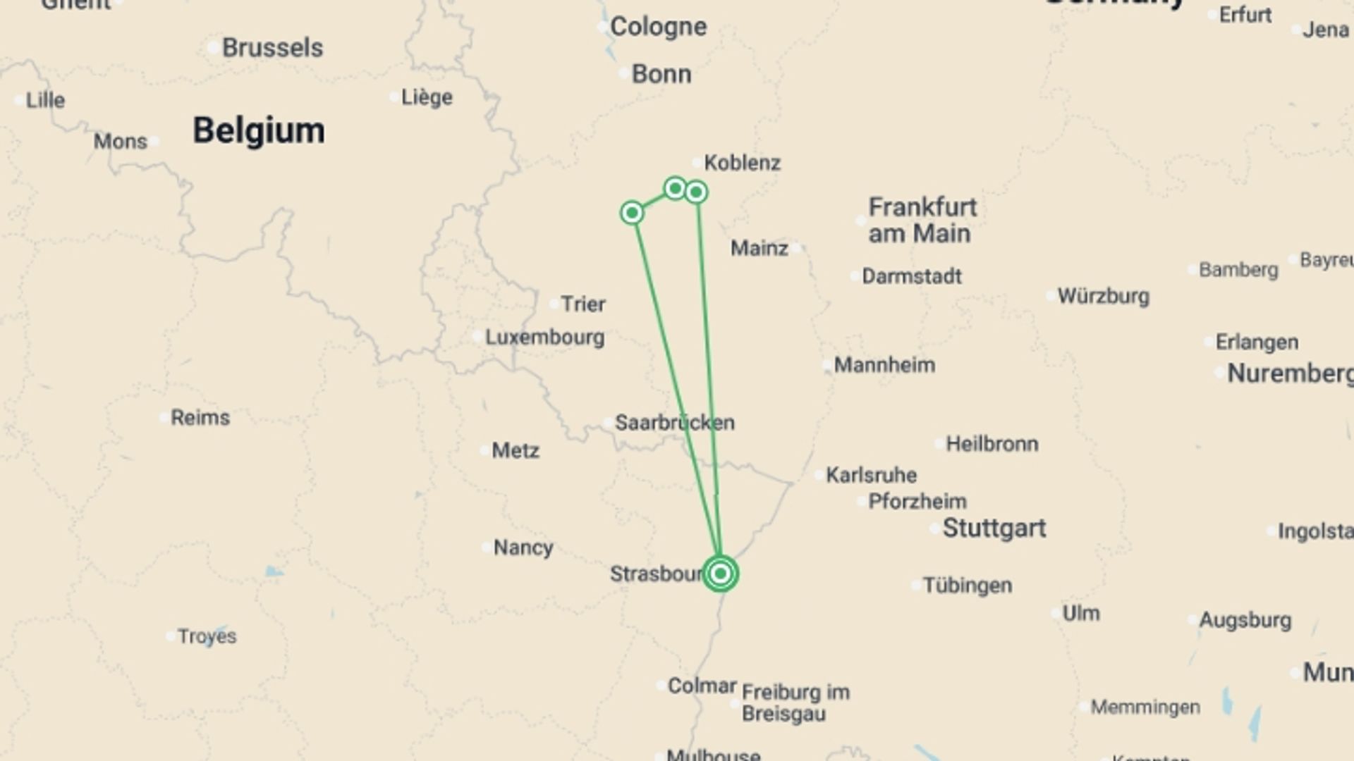 A map showing the tour itinerary for the trip: The Rhine and Moselle Rivers, starting in Strasbourg, France and ending in Strasbourg, France going through 3 other destinations.