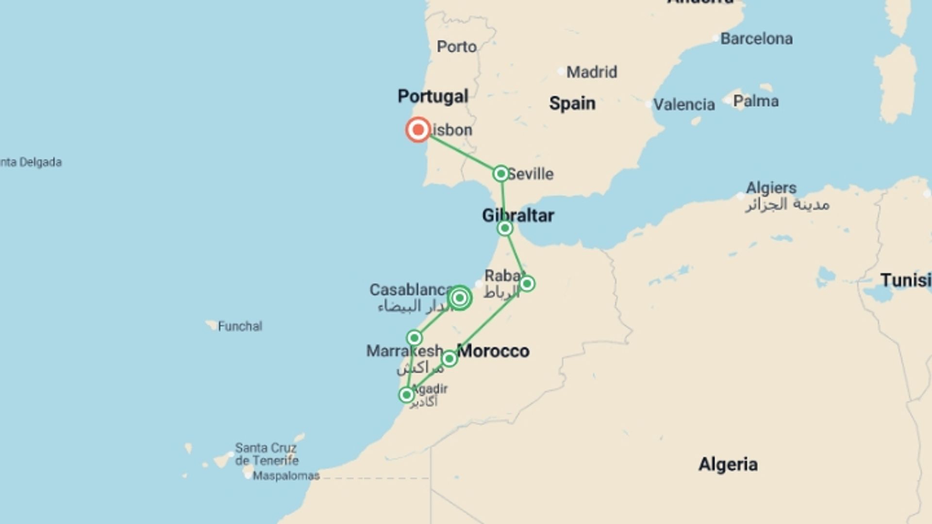 A map showing the tour itinerary for the trip: Atlantic Route, From Casablanca to Lisbon, starting in Casablanca, Morocco and ending in Lisbon, Portugal going through 6 other destinations.