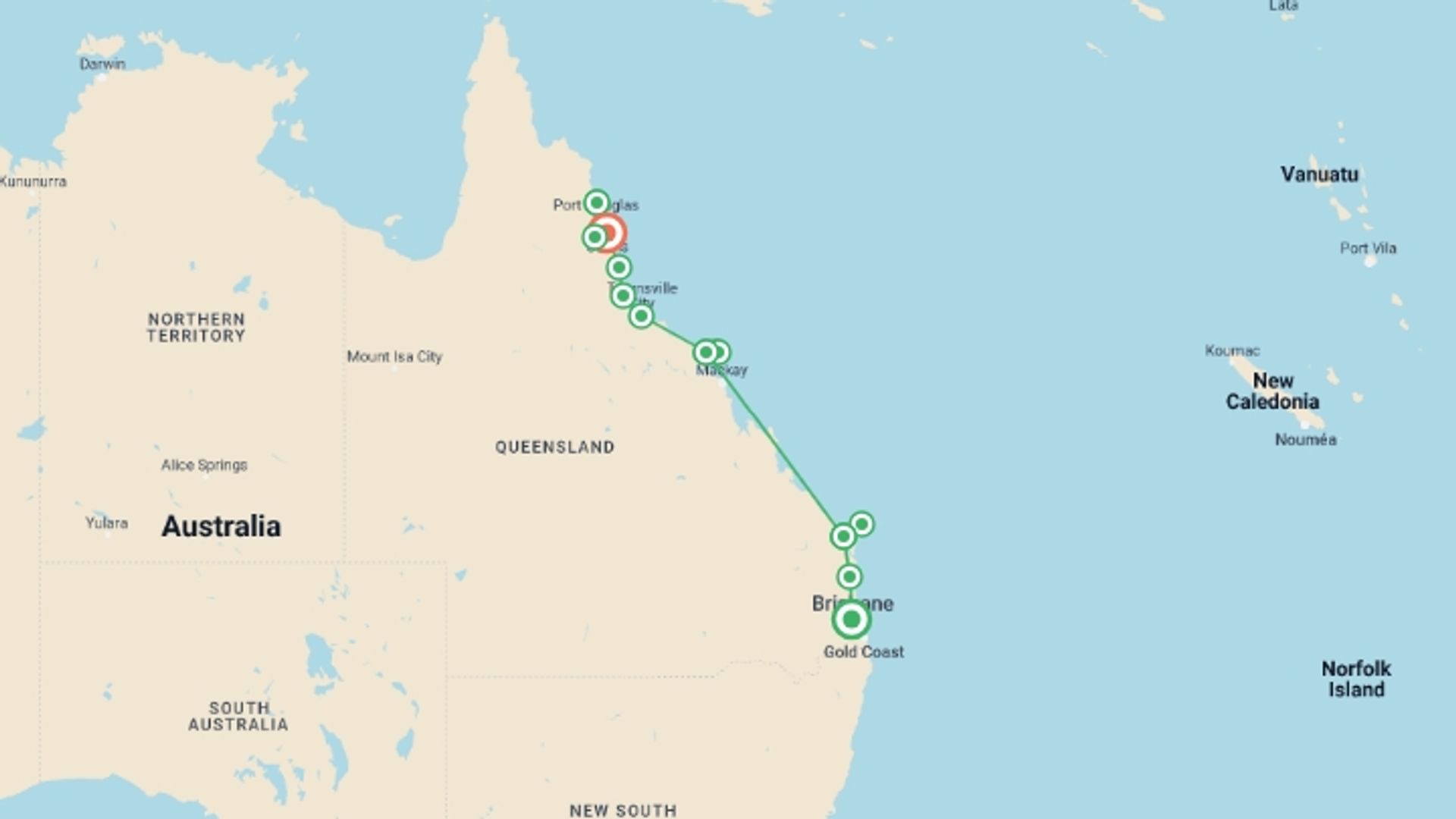 A map showing the tour itinerary for the trip: North Queensland Adventure, starting in Brisbane, Australia and ending in Cairns, Australia going through 6 other destinations.