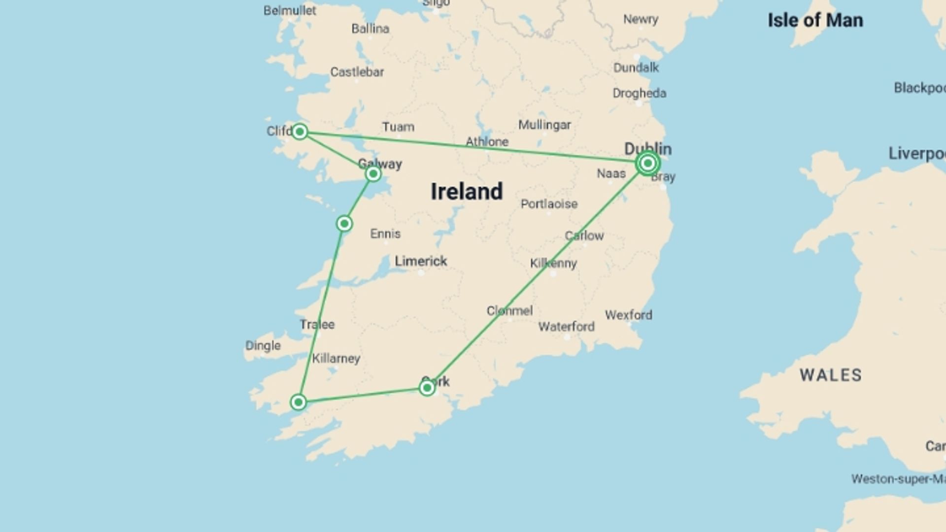 A map showing the tour itinerary for the trip: Unforgettable Ireland, starting in Dublin, Ireland and ending in Dublin, Ireland going through 6 other destinations.