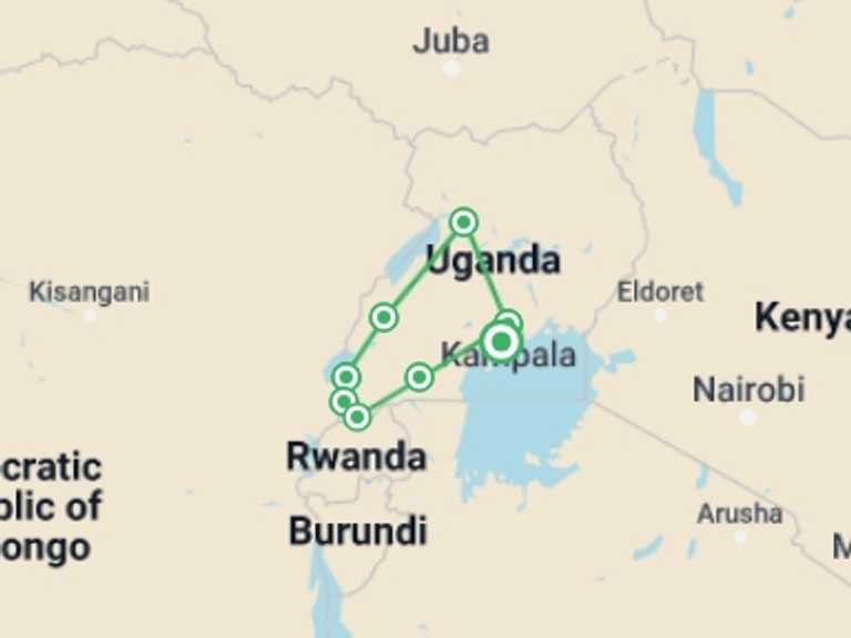 Map of Uganda Tour with 8 destination visits for the trip: 15 days Uganda Wildlife and Activity Holiday