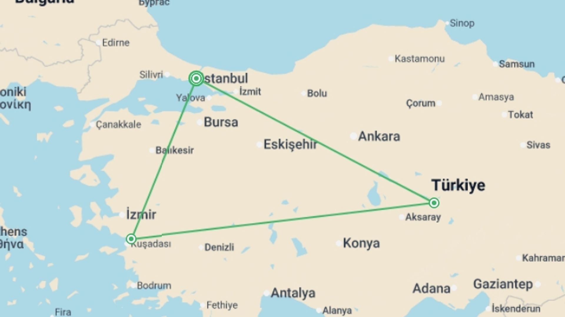 A map showing the tour itinerary for the trip: Turkey Highlights Adventure 8D/7N, starting in Istanbul, Turkey and ending in Istanbul, Turkey going through 2 other destinations.