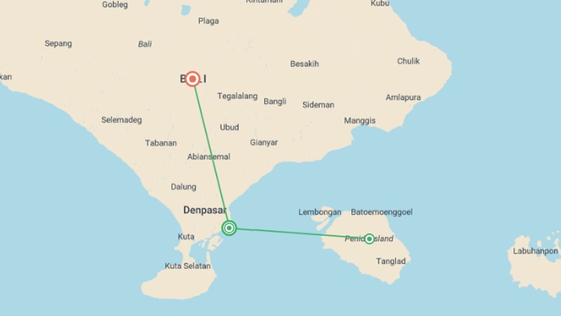 A map showing the tour itinerary for the trip: Nusa Penida Island Experience 4D/3N, starting in Sanur, Indonesia and ending in Bali, Indonesia going through 1 other destinations.