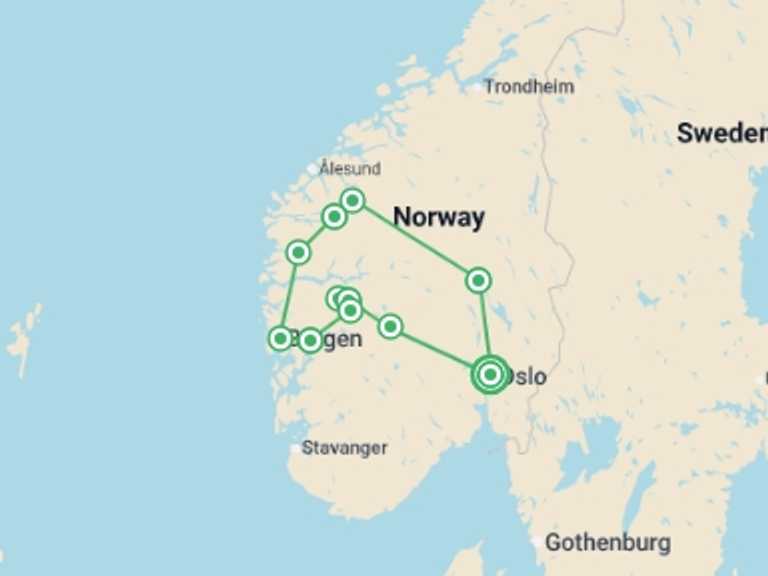 Map of Norway Tour with 9 destination visits for the trip: Scenic Norway Self-Drive - 14 days