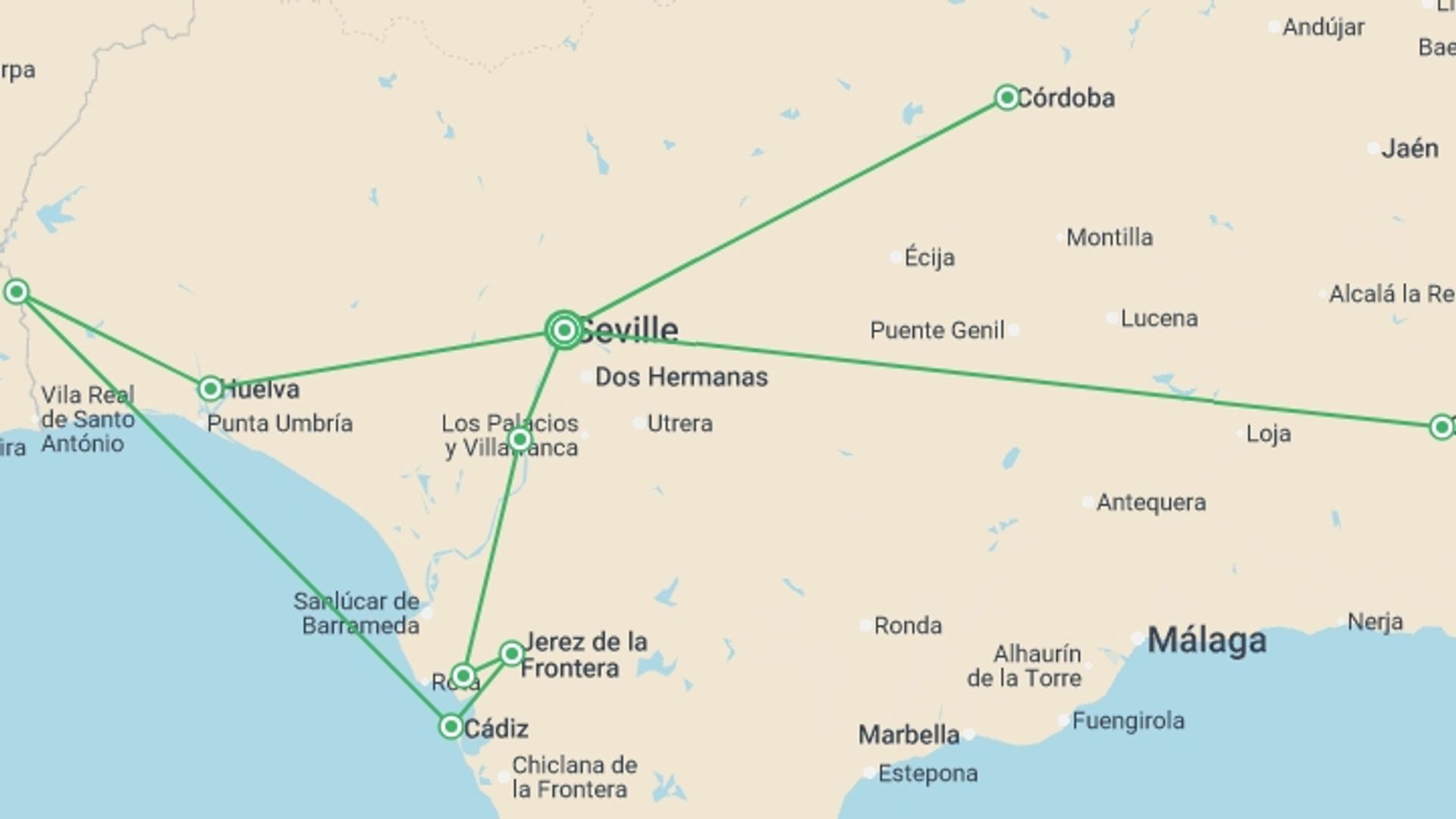 A map showing the tour itinerary for the trip: Discover Andalusia in Seville, Follow the Footsteps of Columbus in Huelva, and Fall Under the Spell of Cádiz (port-to-port cruise), starting in Seville, Spain and ending in Seville, Spain going through 3 other destinations.