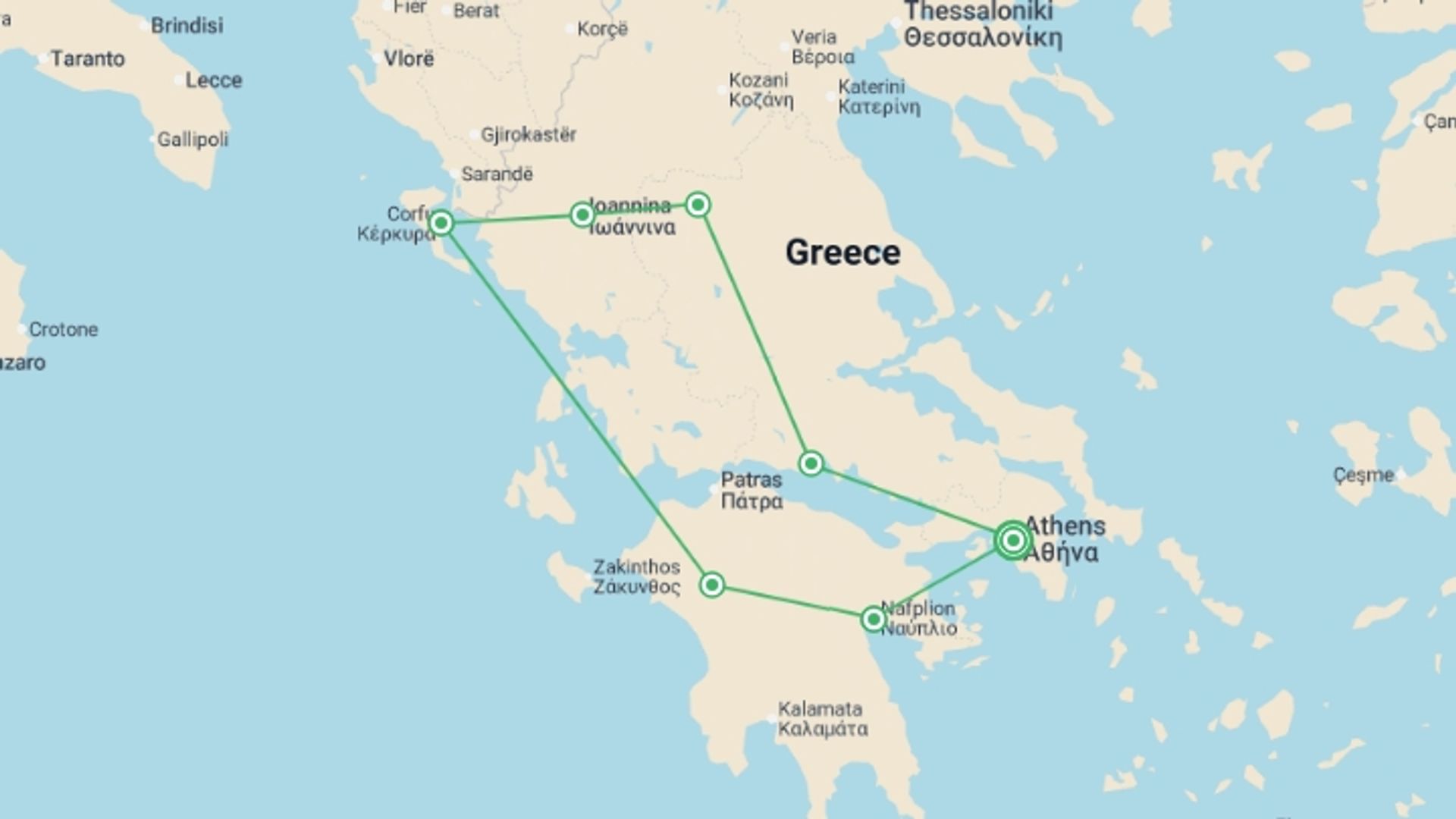 A map showing the tour itinerary for the trip: Secrets of Greece including Corfu, starting in Athens, Greece and ending in Athens, Greece going through 7 other destinations.