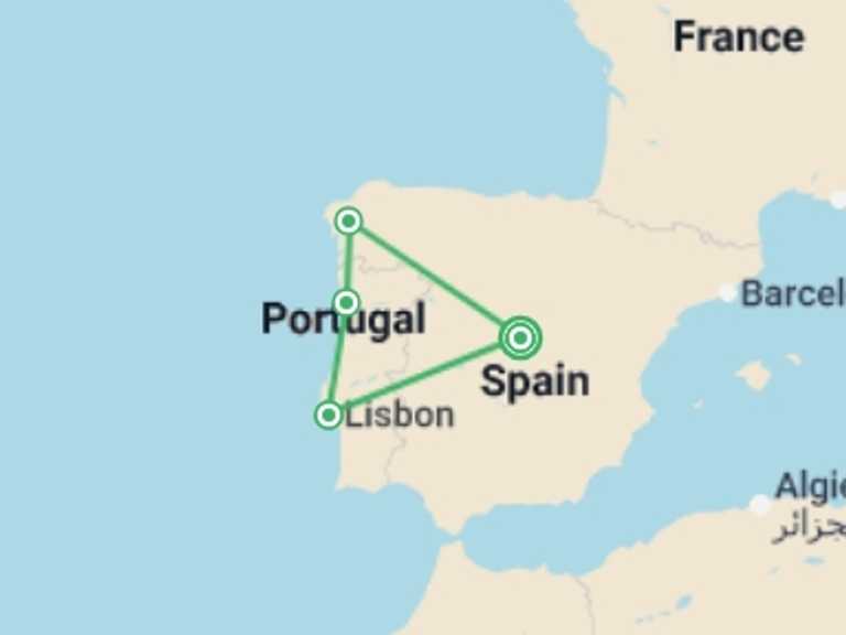 Map itinerary of Europe Tour in February 2027 with 4 destination visits for the trip: Essential Spain and Portugal