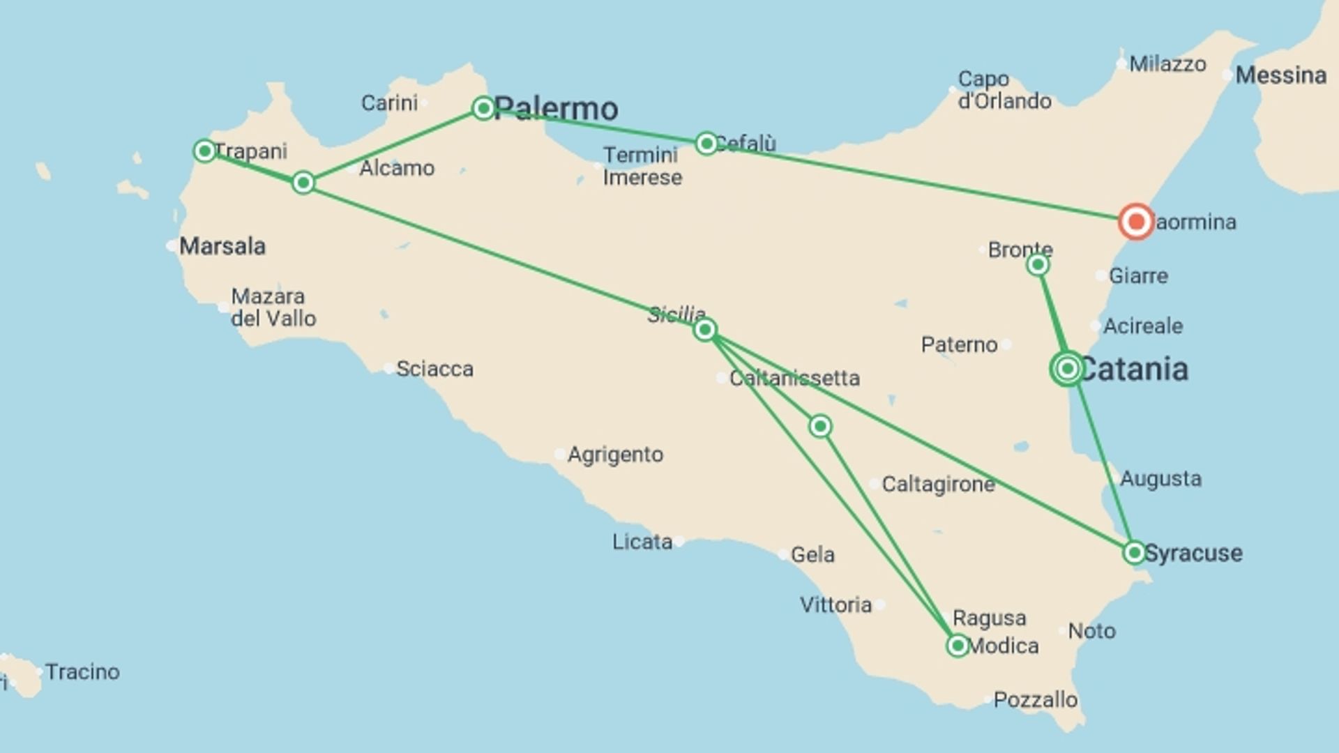 A map showing the tour itinerary for the trip: Sicily Grand Tour, starting in Catania, Italy and ending in Taormina, Italy going through 8 other destinations.