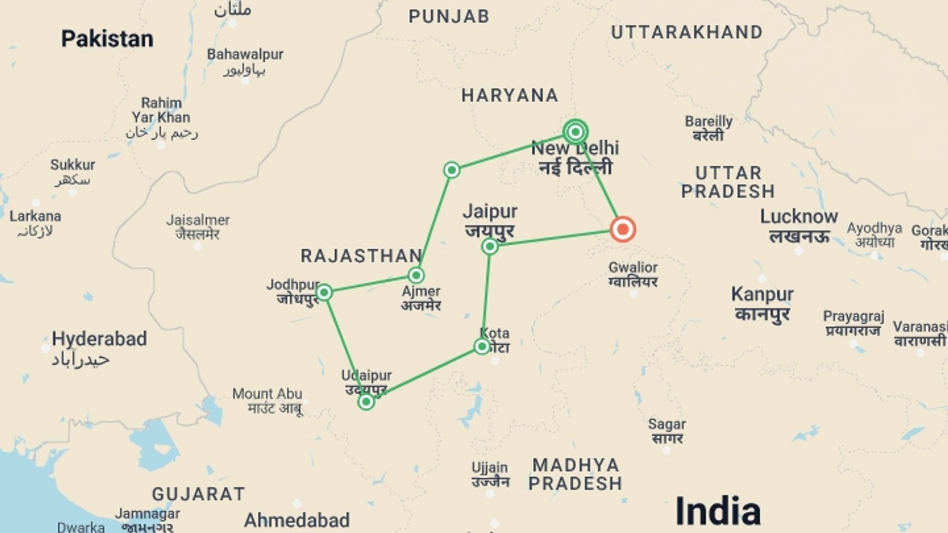 A map showing the tour itinerary for the trip: Heritage of Rajasthan, starting in New Delhi, India and ending in Agra, India going through 6 other destinations.