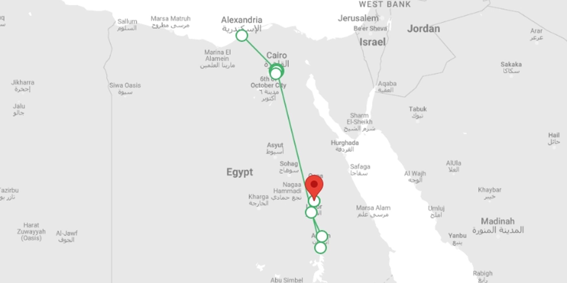 A map showing the tour itinerary for the trip: Egypt's Hidden Wonders - 7 days, starting in Cairo, Egypt and ending in Luxor, Egypt going through 4 other destinations.