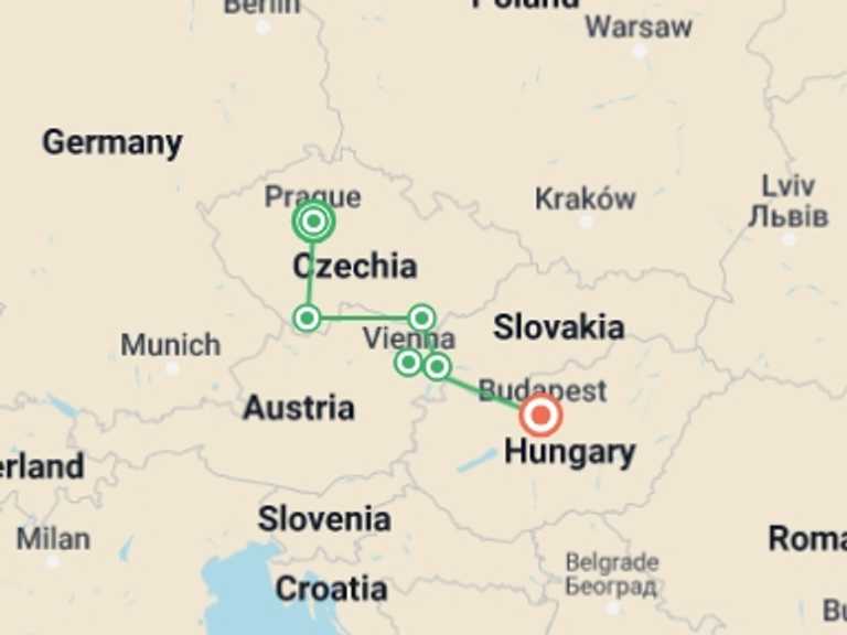 Map of Vienna Cultural, religious and historic sites Tour with 7 destination visits for the trip: Central Europe: Castles, Culture & Capitals
