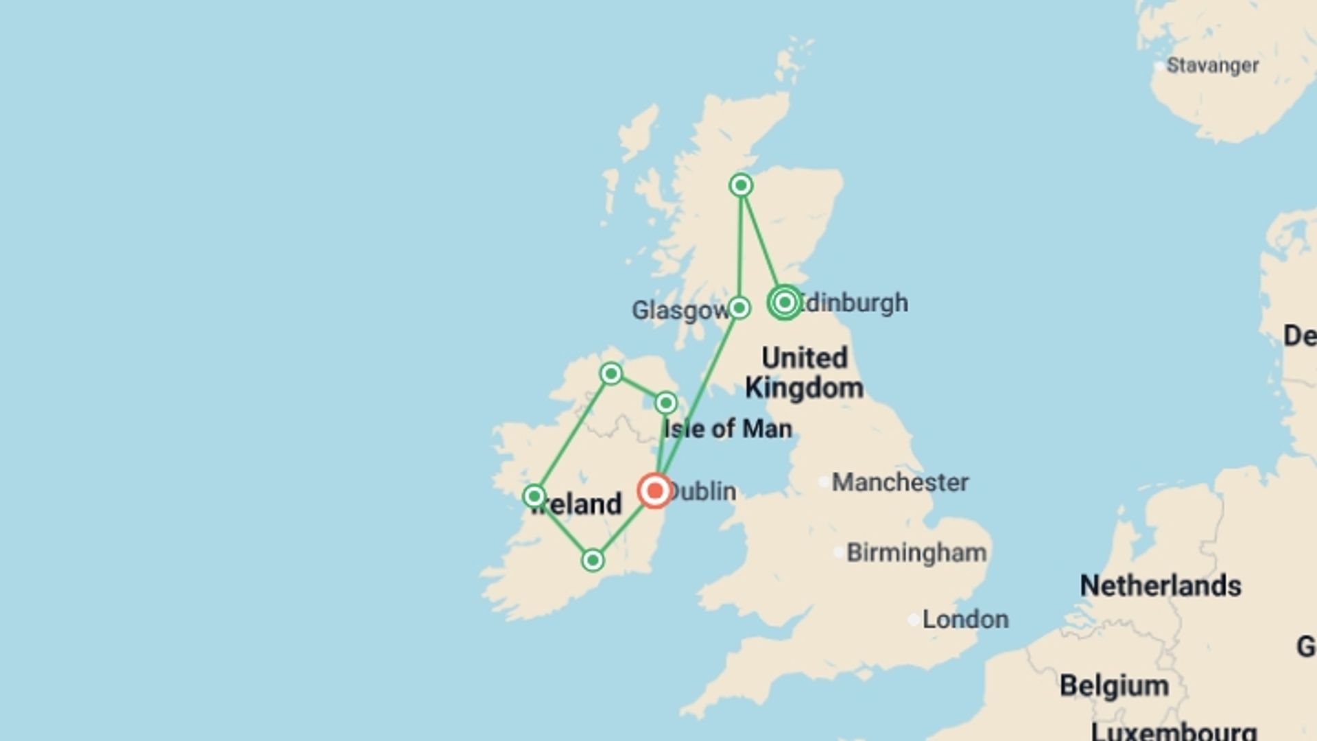 A map showing the tour itinerary for the trip: Scotland and Ireland, starting in Edinburgh, Scotland and ending in Dublin, Ireland going through 6 other destinations.