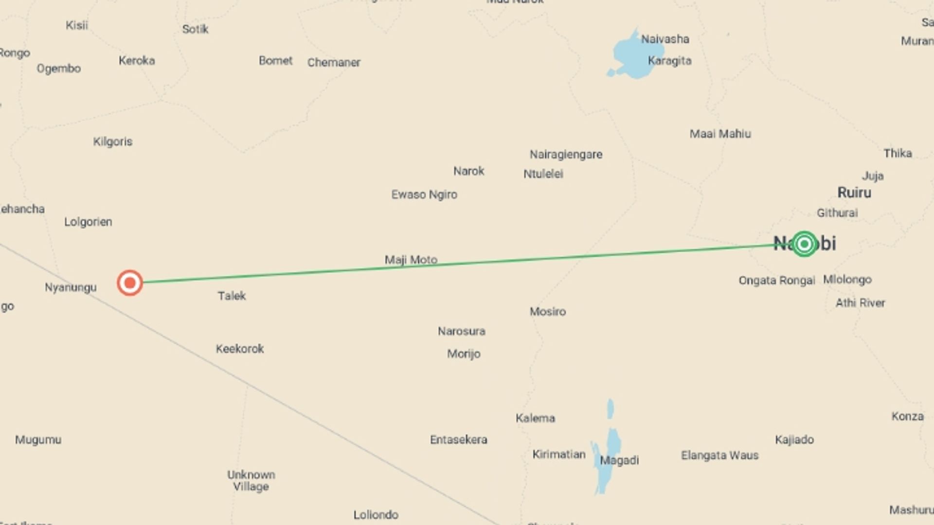 A map showing the tour itinerary for the trip: Essential Kenya Safari, starting in Nairobi, Kenya and ending in Maasai Mara National Reserve, Kenya going through 0 other destinations.